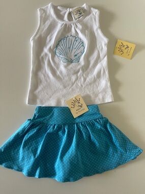 Luigi Kids White Shell Tank & Teal Polka Dot Skirt Set